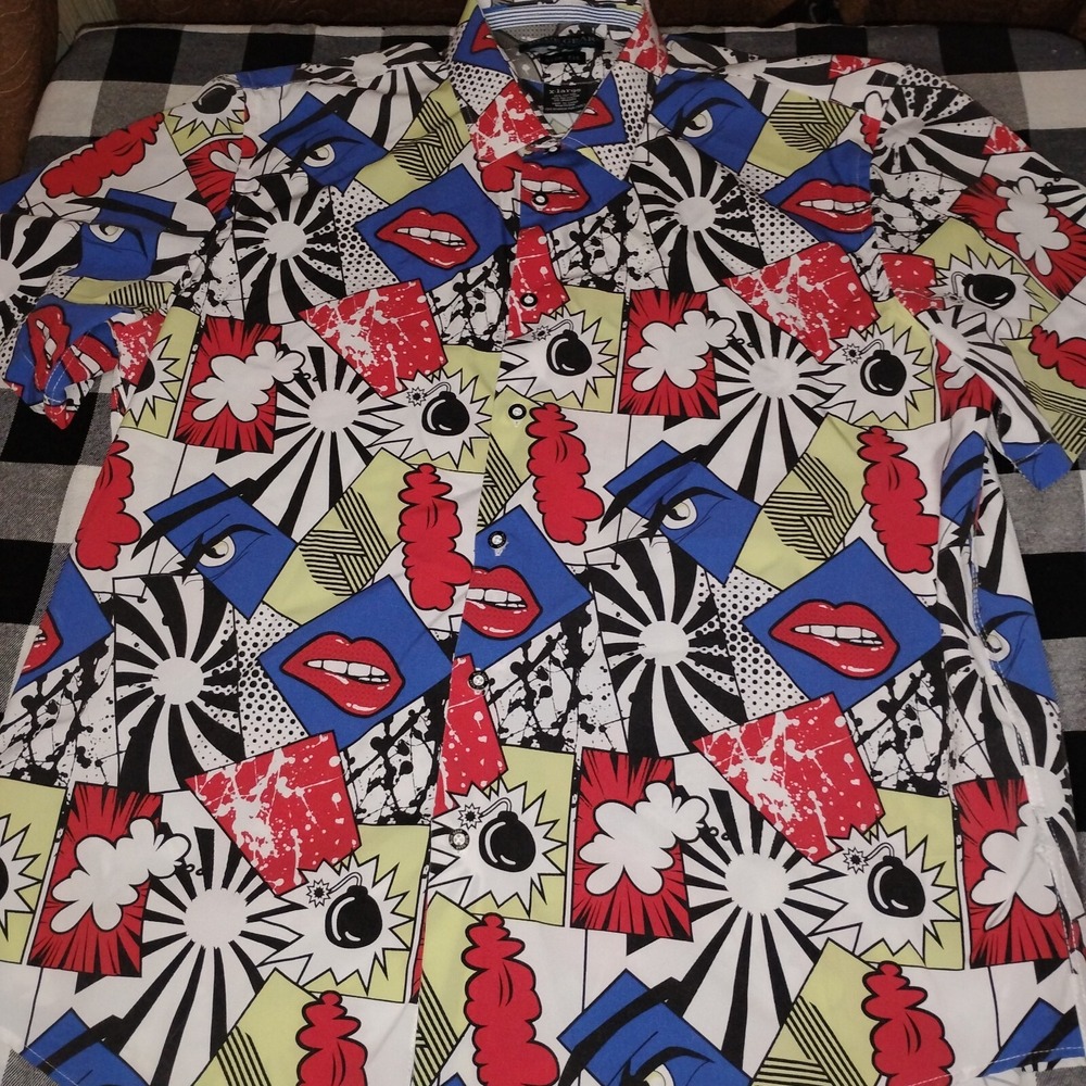 Blue Gear Comic Multi Color‎ Stretch Short Sleeve Button Abstract Graphics XL